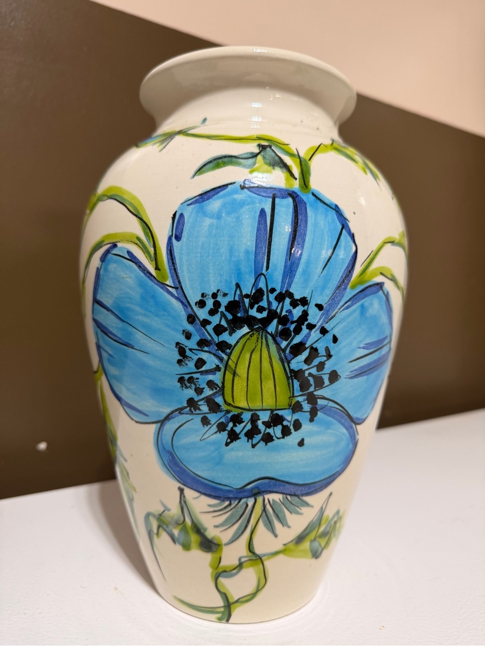 Italian Hand-Painted Blue Floral Ceramic Vase - Home Accents